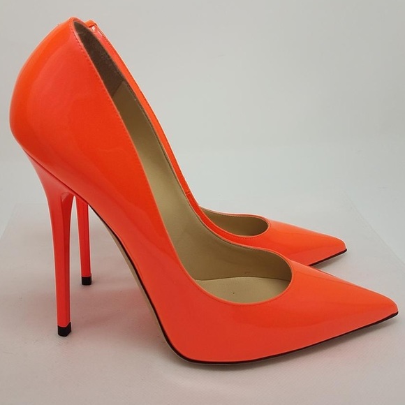 Jimmy Choo Orange Red Patent Leather Anouk Pointed-toe Pumps 37 - Picture 5 of 6